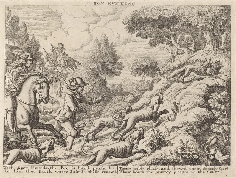 Fox Hunt etching by Richard Gaywood depicting hunters and horses in a natural landscape