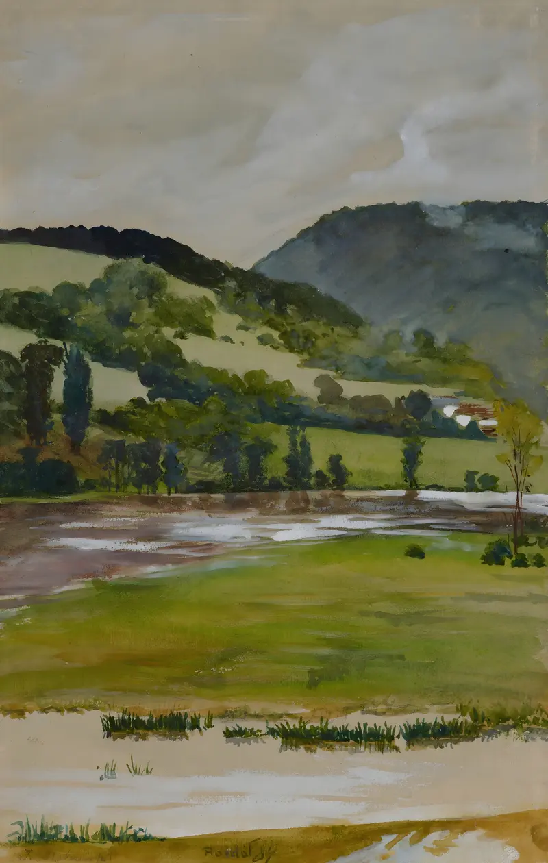 Spring landscape with rolling hills in green and gold by Jacek Malczewski, oil on canvas