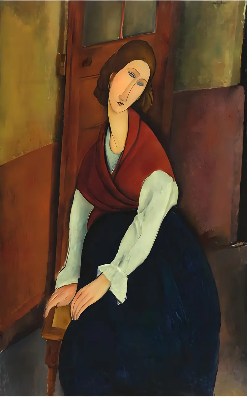 A woman with curled brown hair sits on a wooden chair wearing a deep red shawl over a pale blue blouse, against a paneled door and muted background.