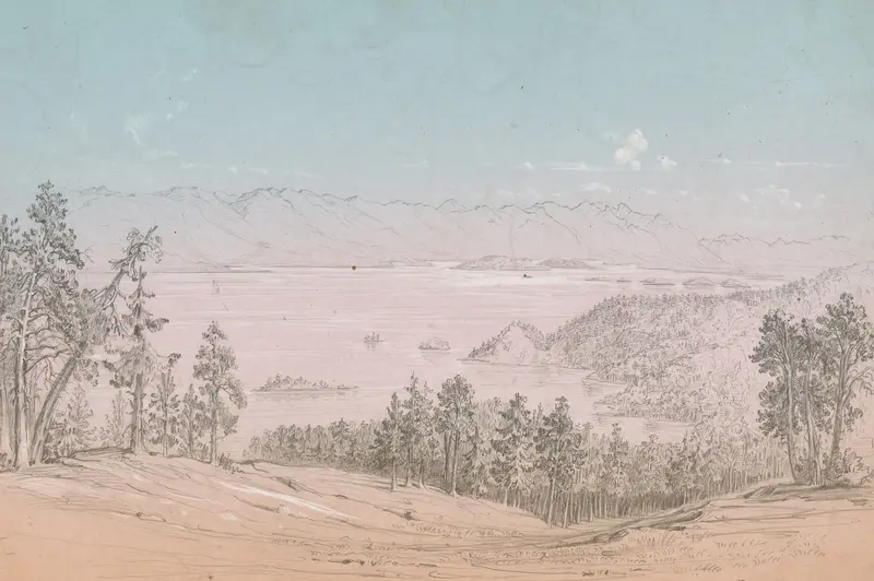 Flathead Lake by John Mix Stanley, 1854, depicting shimmering water and clouds.