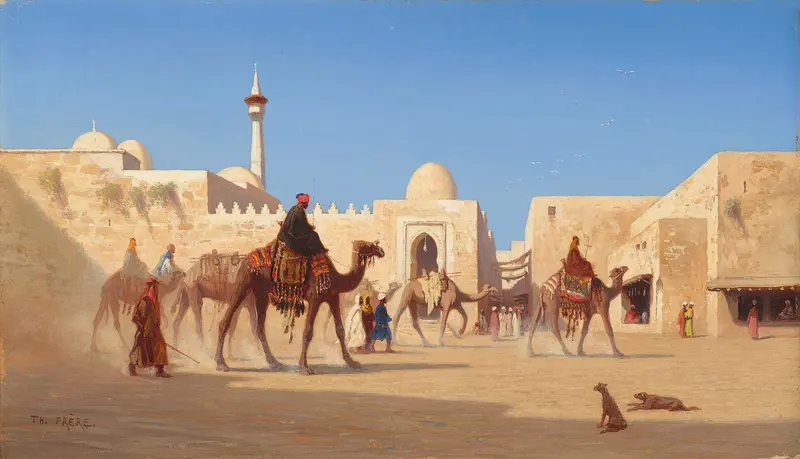 Genre scene of a sunlit square with figures in traditional attire, oil on canvas by Charles Théodore Frère.