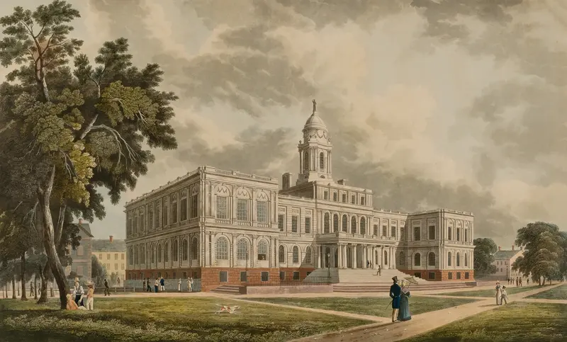 Engraving of City Hall by John Hill, featuring towering spires and a vast sky.