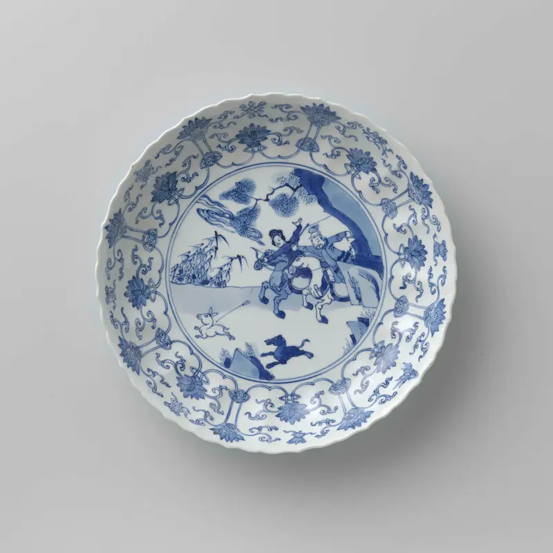 Saucer-dish with hunting scene, lotus scrolls, and auspicious symbols, Chinese Traditional