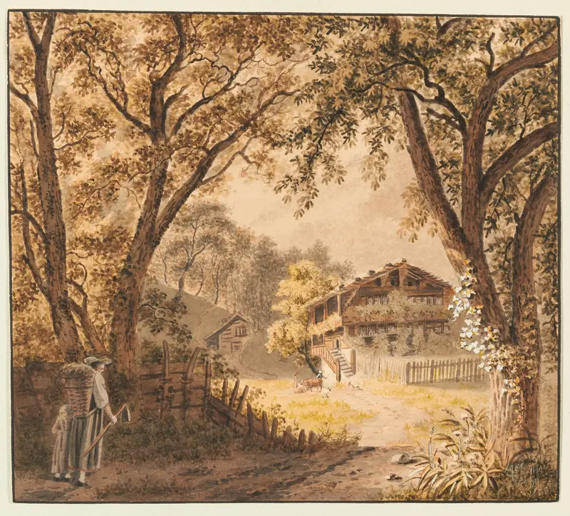 Landscape of a farmhouse surrounded by hills, oil painting by Franz Niklaus König