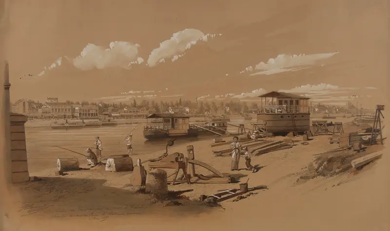 Construction site with laborers and boats, oil painting by Jules-Adolphe Chauvet