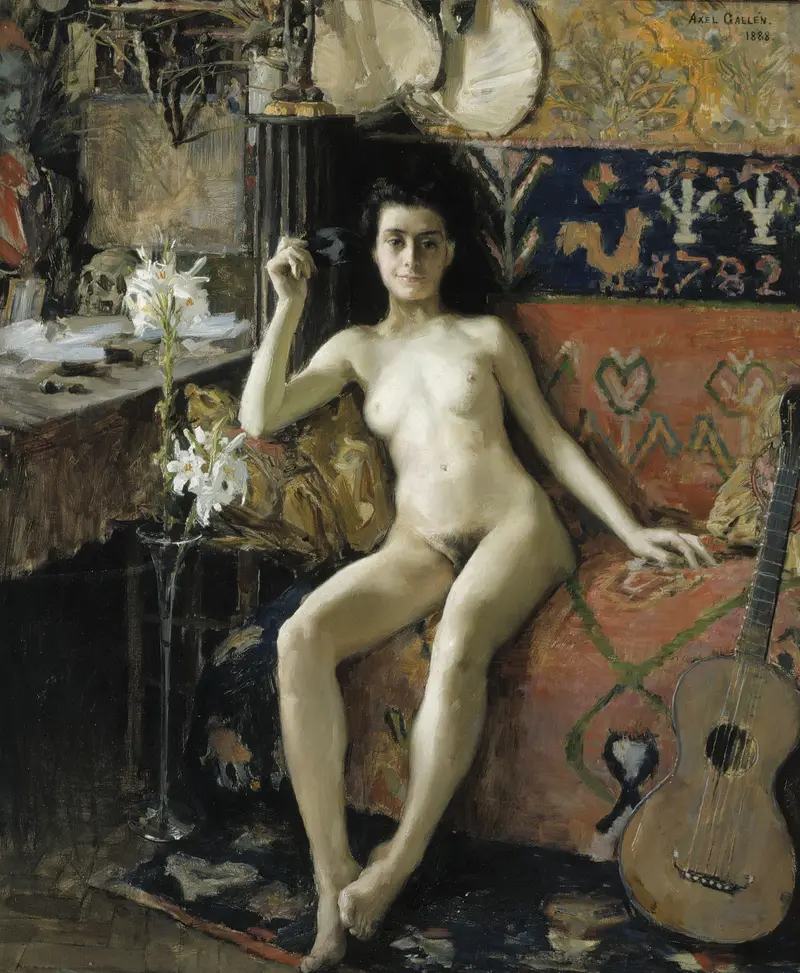 A nude woman gazes at the viewer, holding a black mask, surrounded by patterned textiles and symbolic objects.