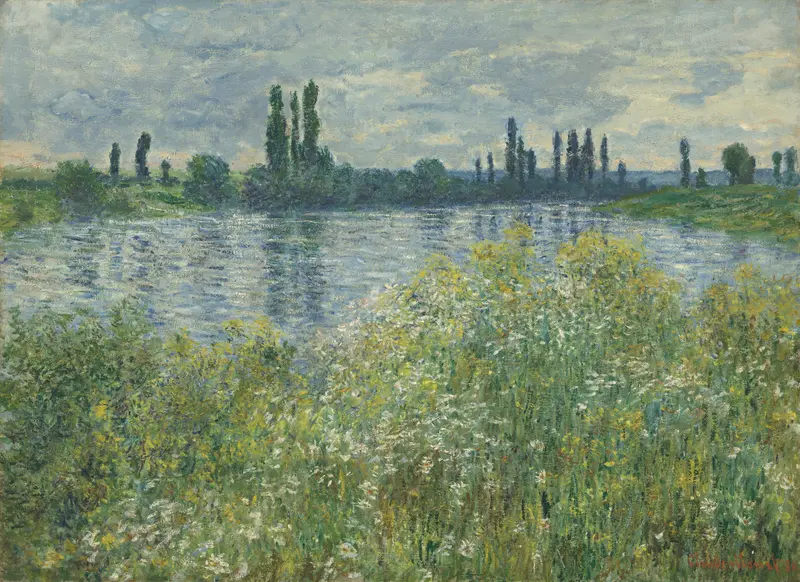Banks of the Seine, Vétheuil by Claude Monet, oil on canvas depicting a tranquil river scene