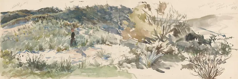 Duinlandschap by Jan Hoynck van Papendrecht, oil on canvas depicting soft dunes and a pastel sky.