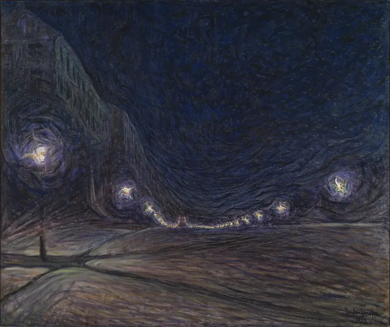 Hornsgatan by Night, oil painting by Eugène Jansson, features glowing street lamps and twilight streets.