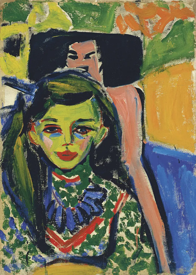 A girl named Fränzi stands in front of a carved chair, her vibrant colors and bold features creating an intense emotional presence.