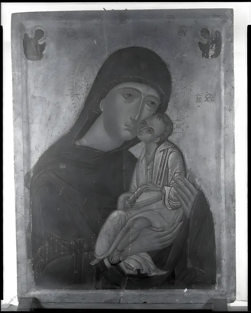Tempera on panel by an unidentified artist depicting Madonna and Child in a tender embrace.