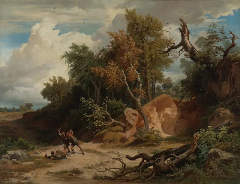 Oil painting by Johann Wilhelm Schirmer depicting a traveler in a shadowy forest.
