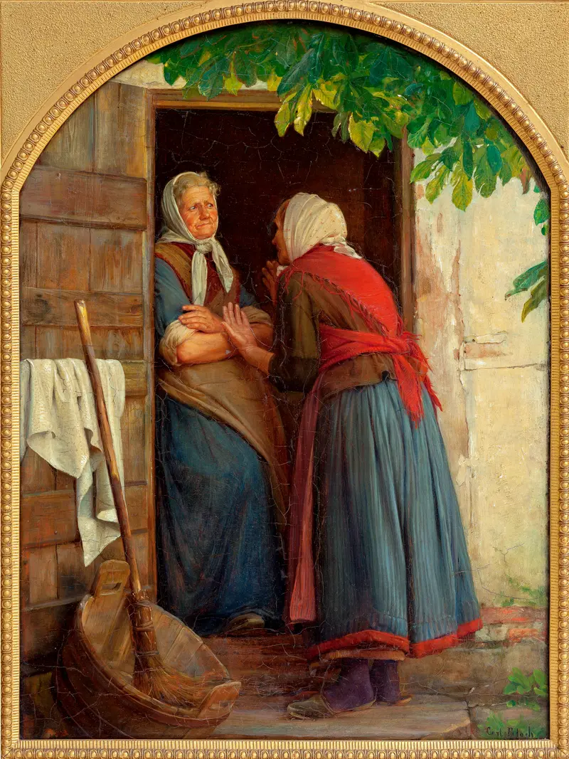 A painting depicting two women engaged in conversation.
