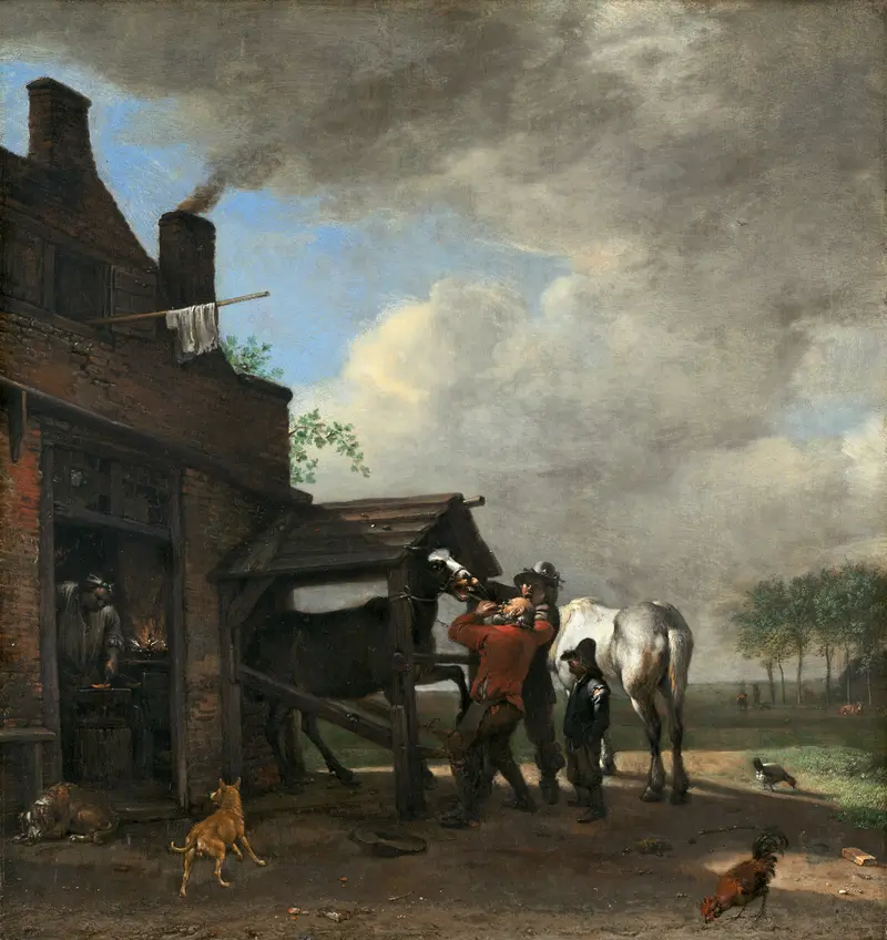 A Farrier’s Shop by Paulus Potter, oil painting depicting a farrier at an anvil.