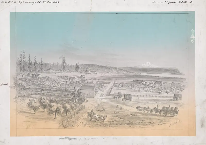 Bird’s Eye View of Vancouver by Gustav Sohon, ink on paper, depicting a city landscape with mountains and waterways.