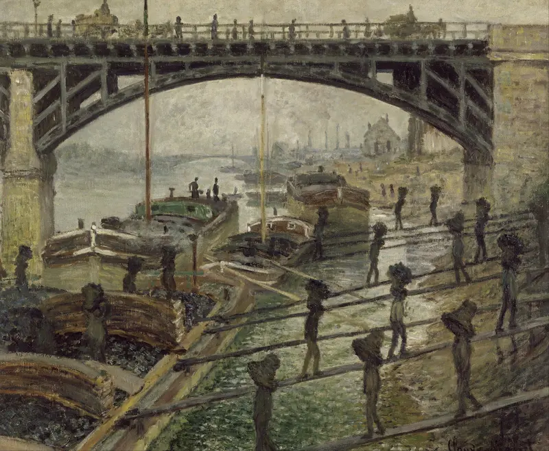 The Coalmen by Claude Monet, oil painting depicting laborers silhouetted against a soft landscape.