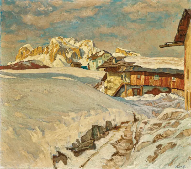 Oil painting by Carl O'Lynch depicting Tofana mountains and serene landscape.