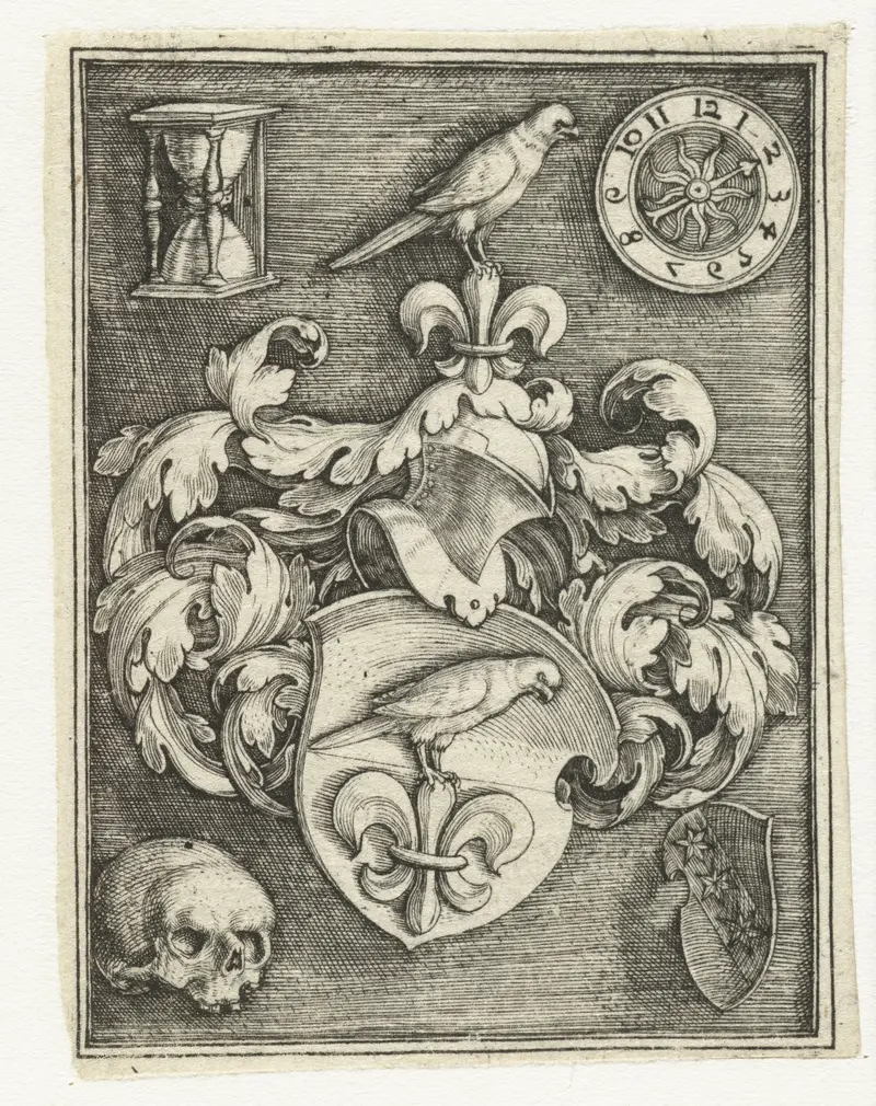 Engraving by Barthel Beham of Hieronymus Baumgärtner surrounded by ornate foliage