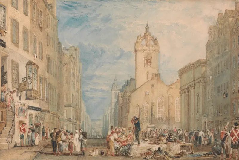 High Street, Edinburgh by Joseph Mallord William Turner, oil on canvas depicting a bustling street scene.