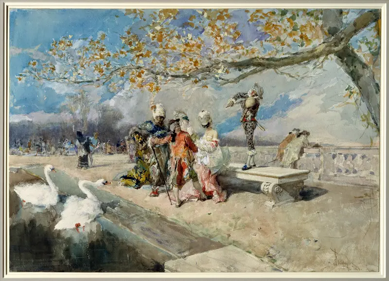A vibrant scene of masked figures at a festive gathering.