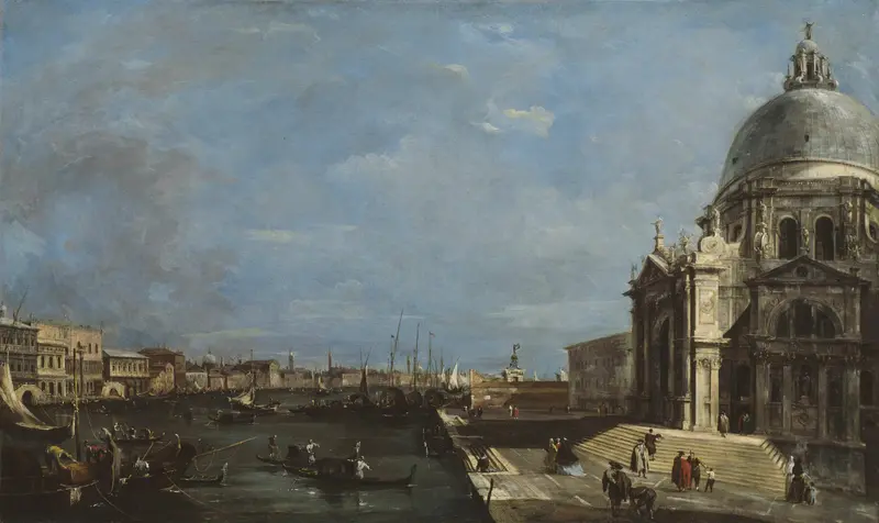 The Grand Canal, Venice by Francesco Guardi, oil on canvas, featuring palaces and water reflections.