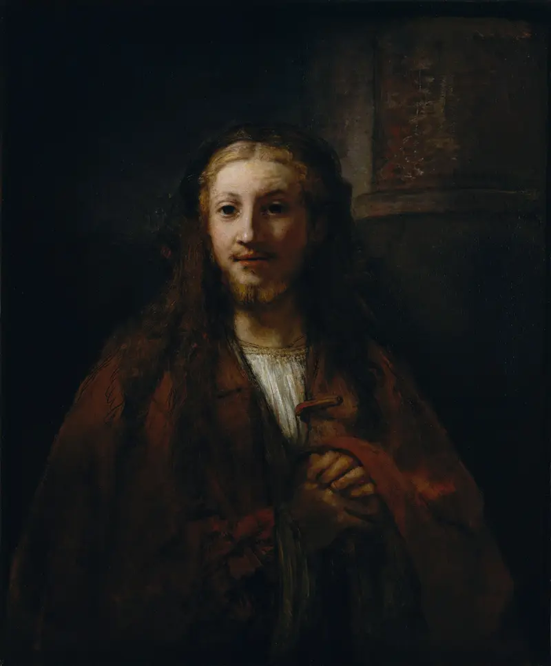 A depiction of Christ holding a staff, gazing gently at the viewer.