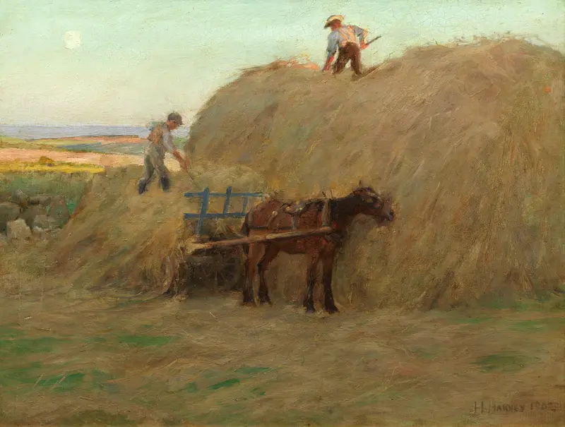 Building the Hayrick by Harold Harvey, oil on canvas, depicting a figure working in a tranquil landscape