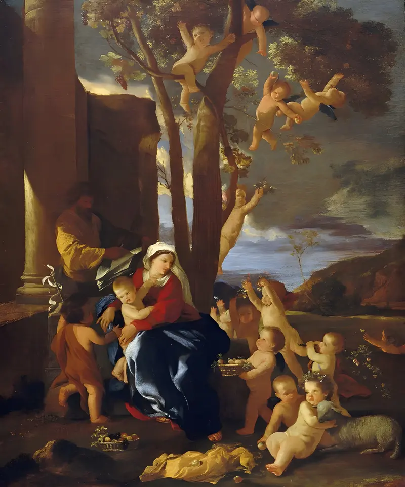 Nicolas Poussin's 'The Holy Family with Saint John the Baptist' depicts a serene religious scene.