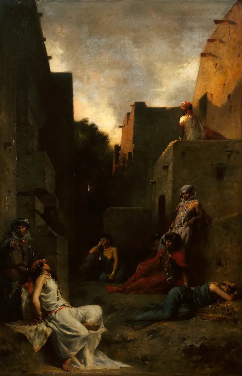 Women of the Ouled Nayls, oil on canvas by Eugène Fromentin, featuring women in traditional jewelry.