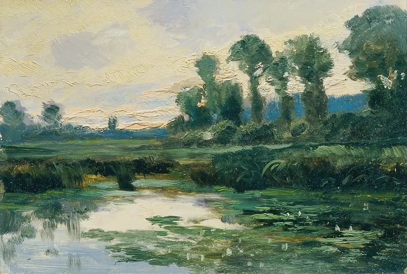 Landscape oil painting by Ferdinand Engelmüller featuring hills and vibrant colors