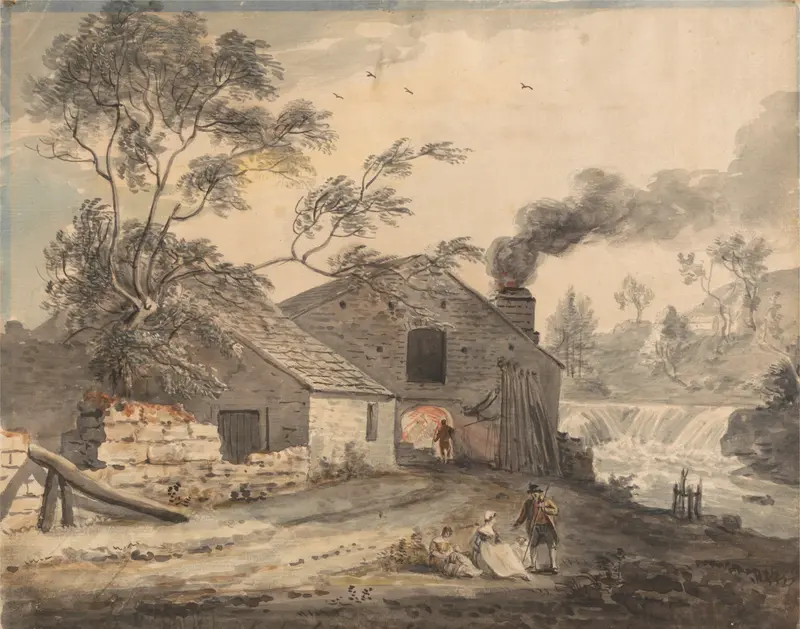 Watercolour by Paul Sandby depicting a river landscape with a forge.