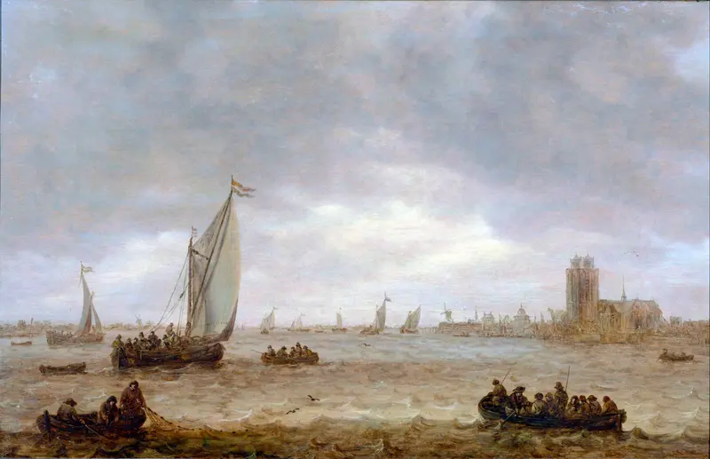 Mouth of the Meuse by Jan van Goyen, oil painting depicting a serene river landscape.