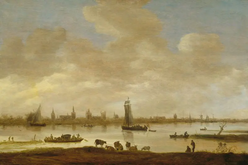 Landscape with a river and village at dusk by Jan van Goyen, oil painting