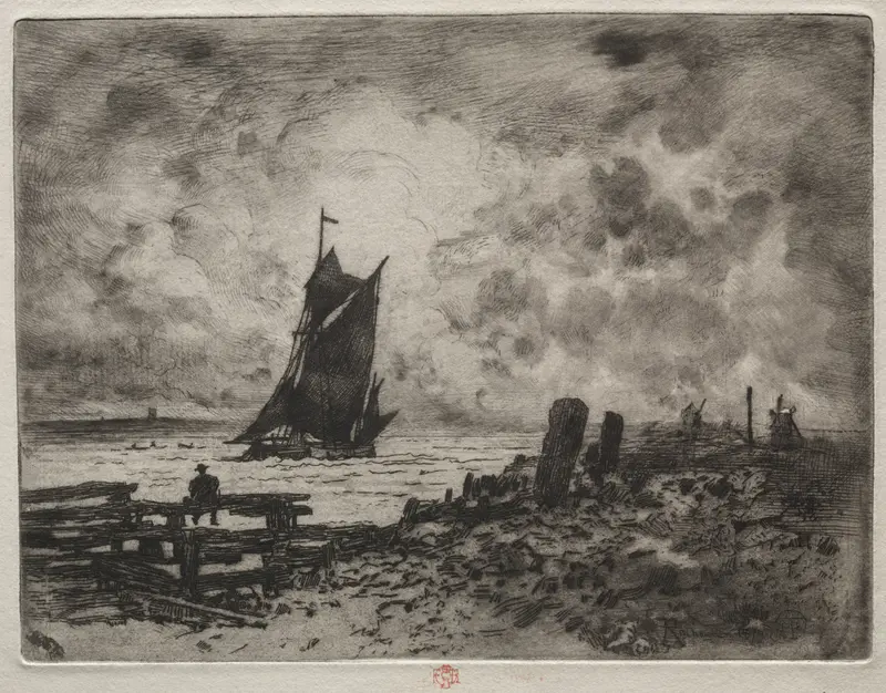 Marine scene with gentle waves and soft colors, oil painting by Félix Hilaire Buhot