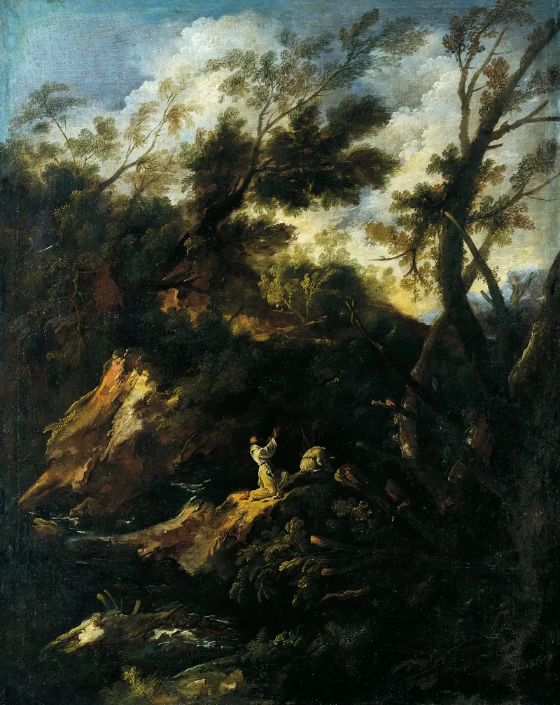 Landscape with Two Praying Monks by Antonio Francesco Peruzzini, oil painting depicting two monks in prayer.
