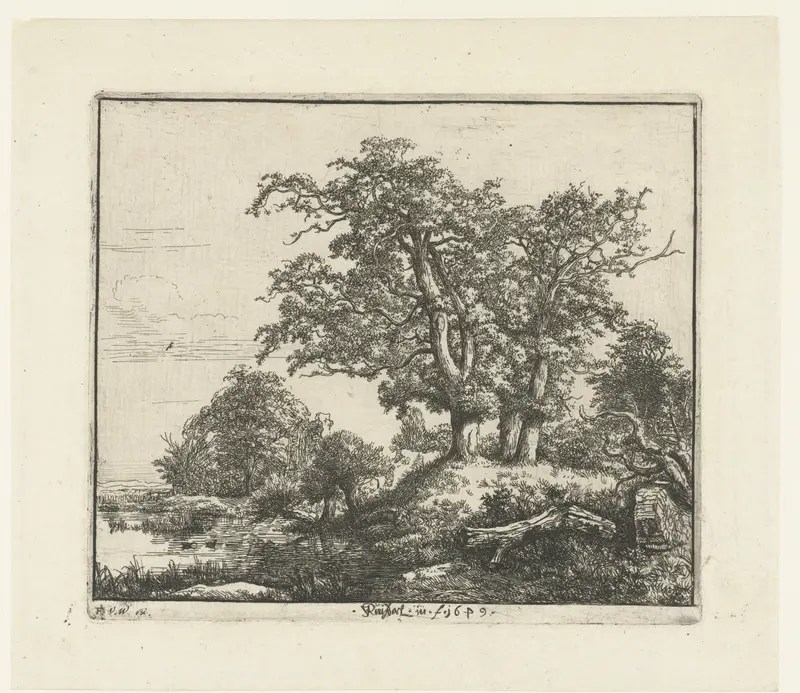 De drie eiken etching by Jacob Isaacksz van Ruisdael featuring three oaks under a dramatic sky.