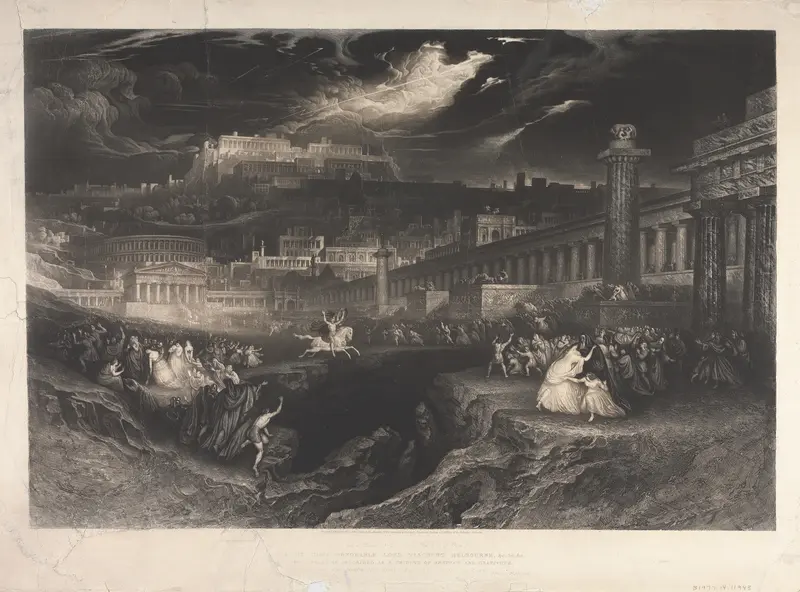 Marcus Curtius by John Martin, oil on canvas, depicting a figure over a chasm with golden light.