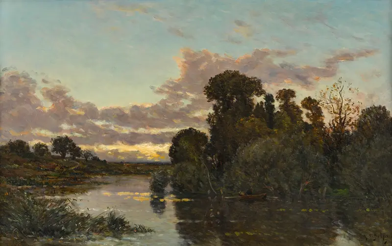 River landscape at dusk by Hippolyte Camille Delpy, oil painting
