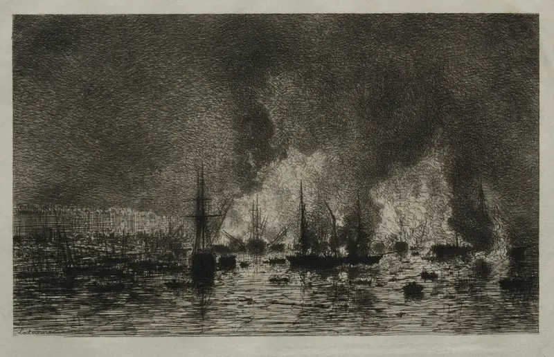 Fire in the Port of Bordeaux, oil on canvas by Maxime Lalanne