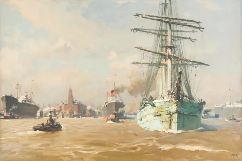 Oil painting by Erich Kips depicting ships in Hamburg harbor