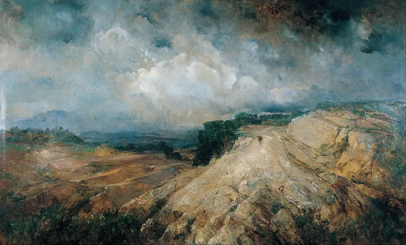 Rocky Landscape by Ramon Martí i Alsina, oil on canvas depicting rugged terrain under a dusky sky.