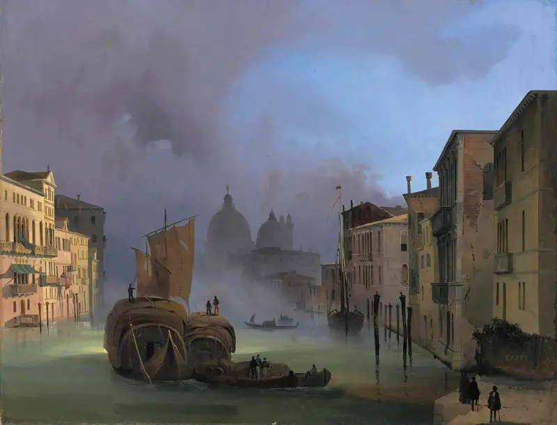 The Grand Canal, Venice, by Ippolito Caffi, oil painting showing reflections and Santa Maria Della Salute.