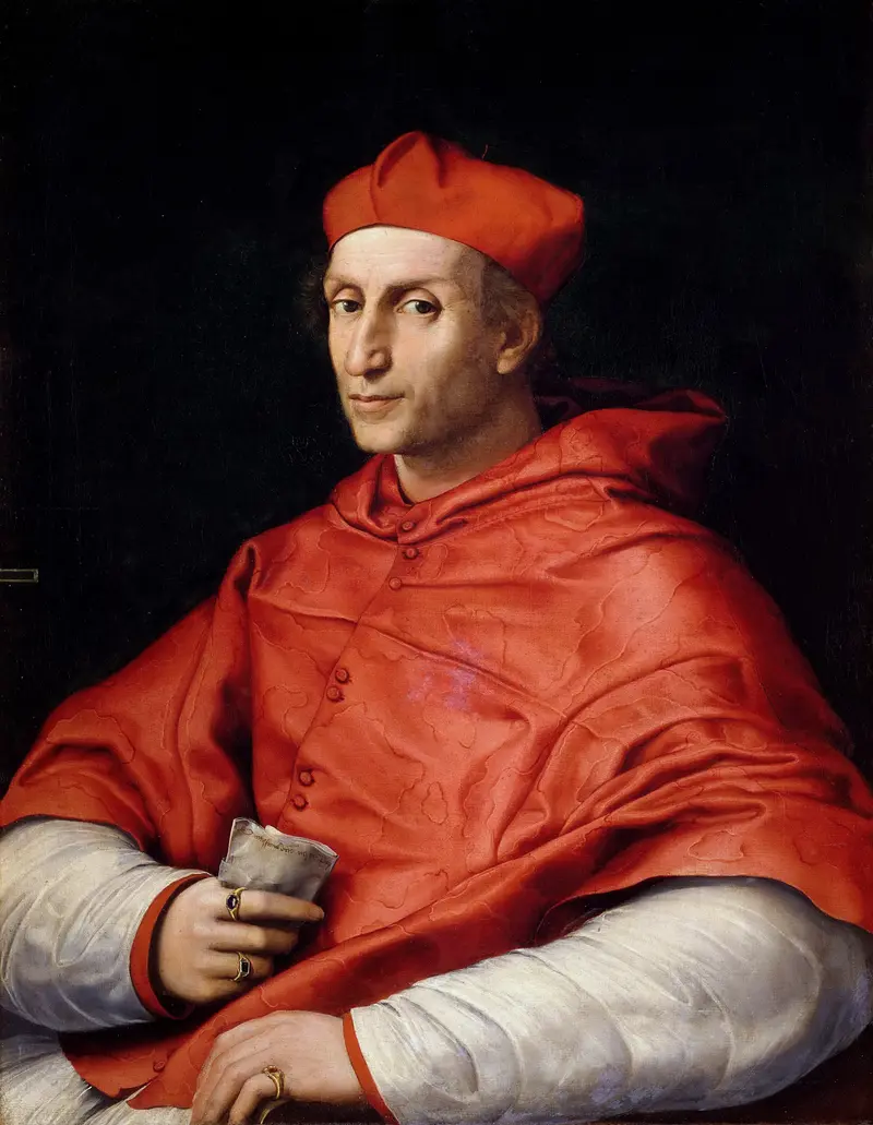 Portrait of Cardinal Bibbiena by Raphael, showcasing the cardinal in red robes with a thoughtful expression.