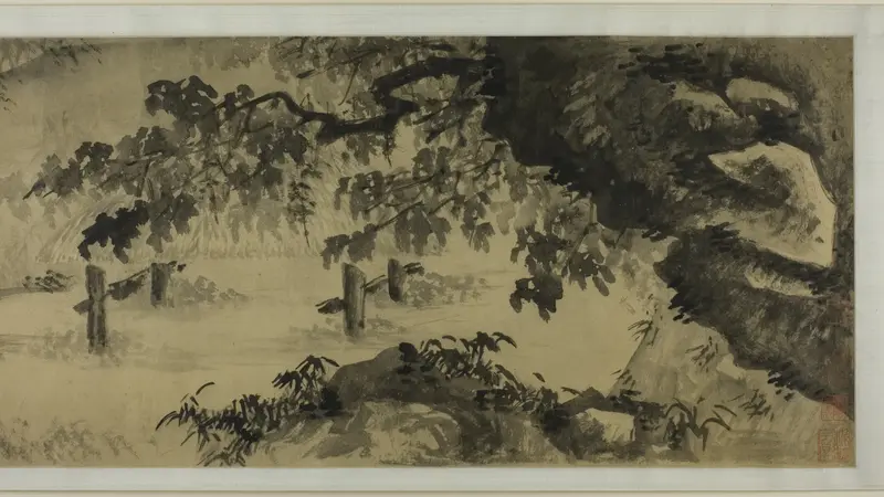 Song of a Fisherman by Wang Wên, ink on paper showing a solitary fisherman on water