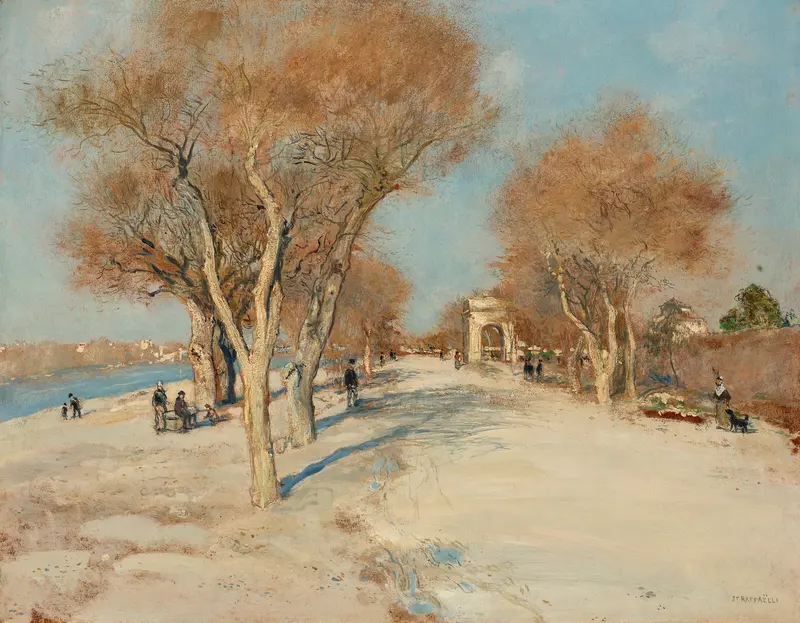 Bord de Seine; la route ensoleillée, oil on canvas by Jean François Raffaëlli, depicting sunlight on the Seine.