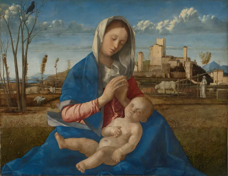Giovanni Bellini's 'Madonna del Prato' depicts the Virgin Mary and Christ Child in a serene landscape.