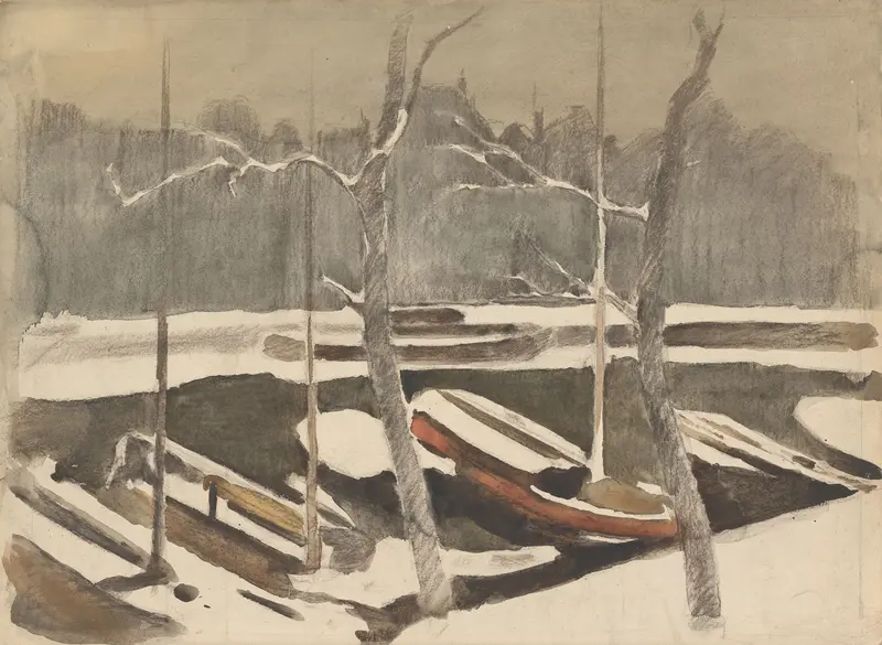 Winter landscape with moored boats and snow, oil on canvas by Willem Witsen