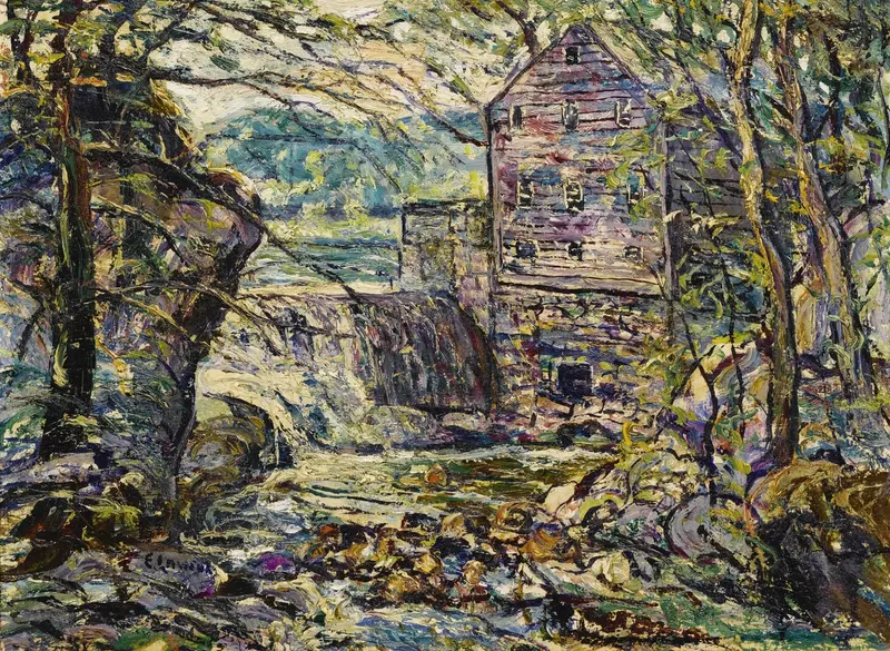 The Mill by Ernest Lawson, impressionism, landscape with natural light and greenery