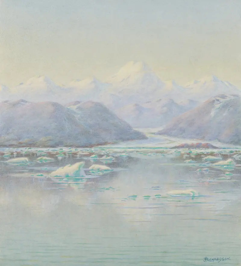 St. Elias Alps by Theodore J. Richardson, oil on canvas depicting rugged mountain landscape.