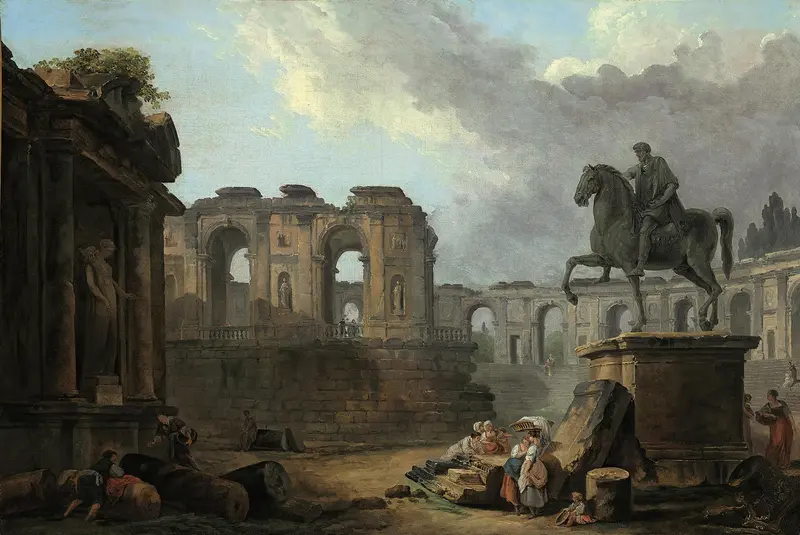 A Roman capriccio with washerwomen by Hubert Robert, oil painting